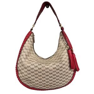 Michael Kors Lauryn Signature Natural Canvas Red Leather Large Shoulder Bag Hobo